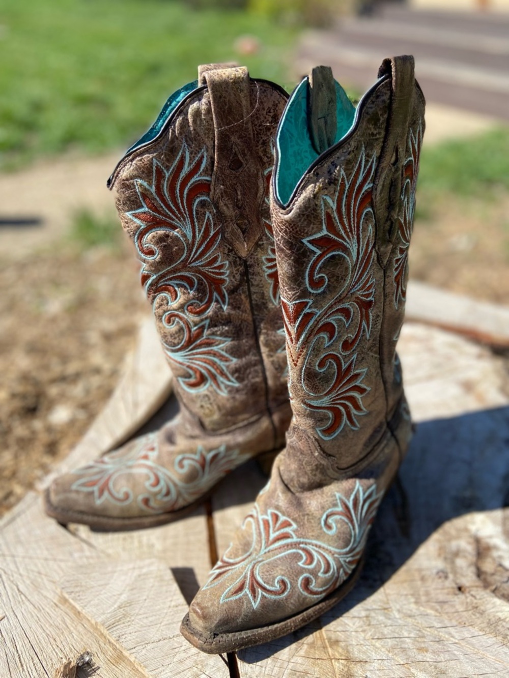 Embroidered Western Cowboy Boots - Brown with Turquoise Accents